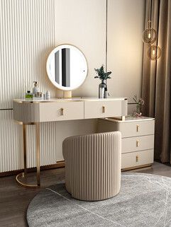 Toaletka z lustrem i fotelem LATTE - beżowy/złoty